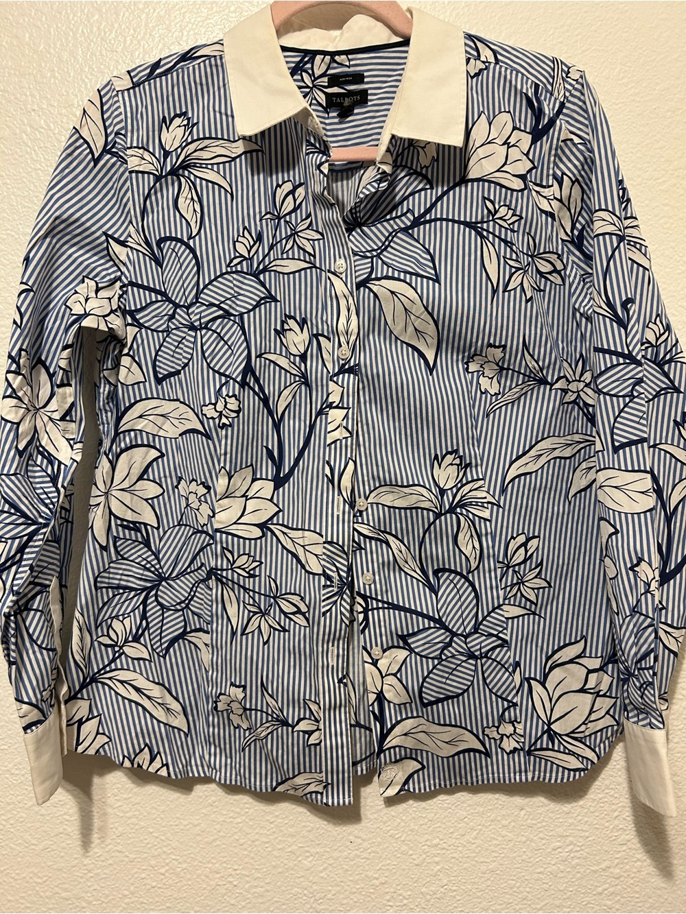 Talbots Blue and White Floral-Stripe Button Down Shirt - Picture 6 of 7